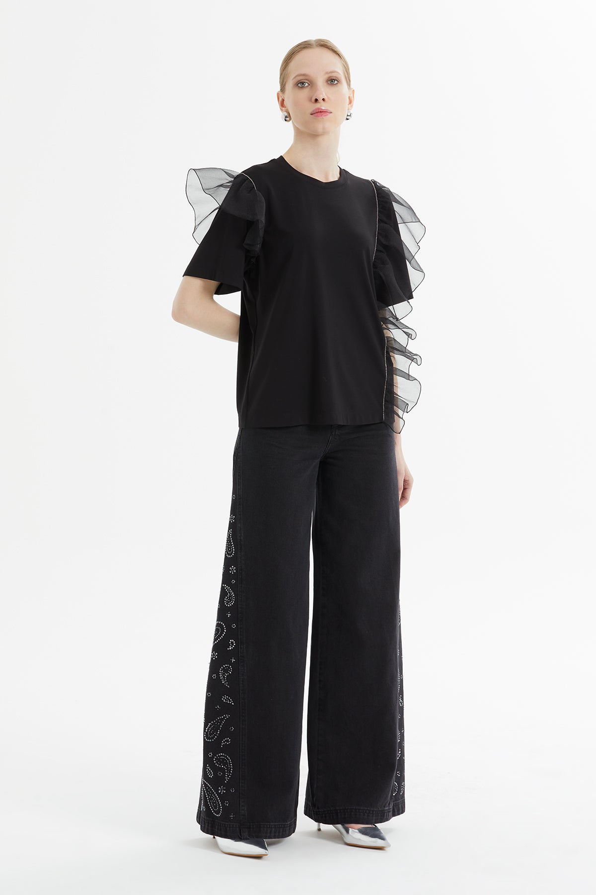 Ecru T-Shirt with Tulle Ruffle Detail