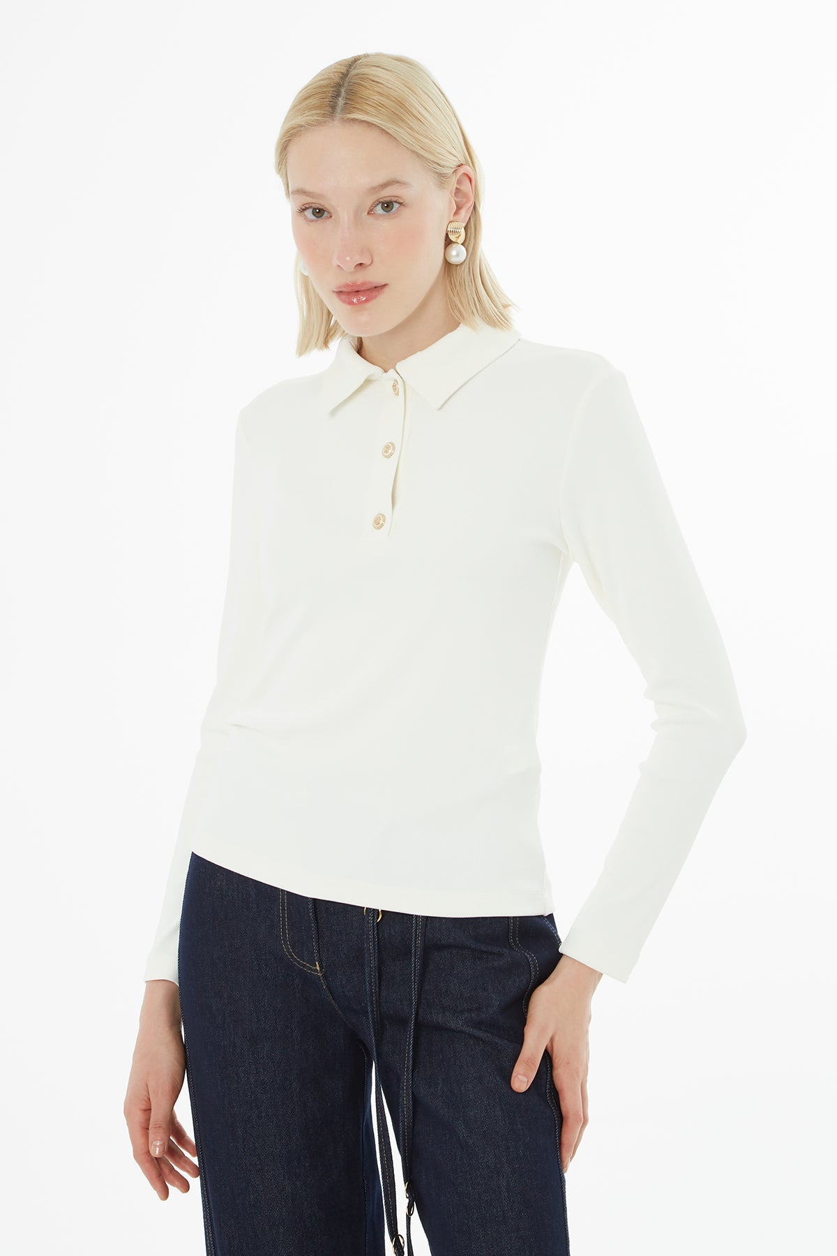 Ecru Collared Buttoned T-Shirt