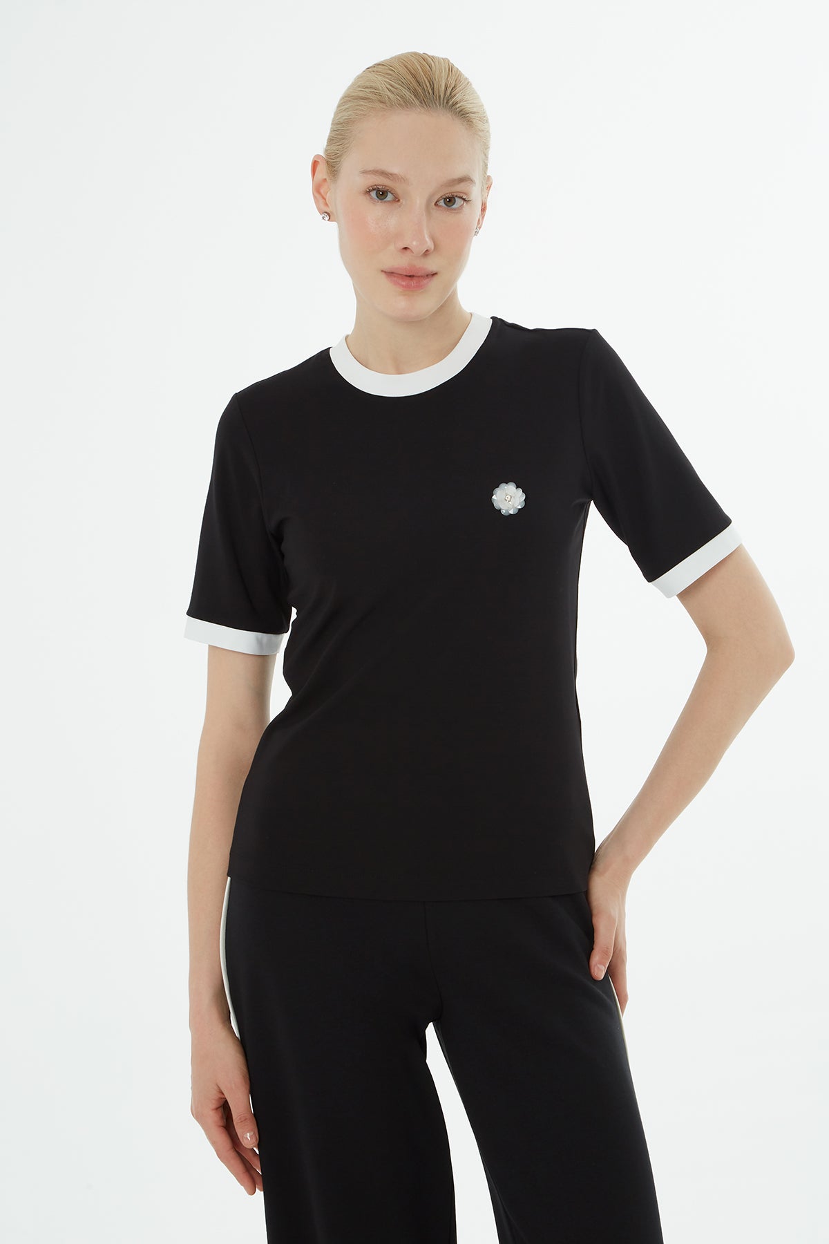 Black T-Shirt with Brooch Collar