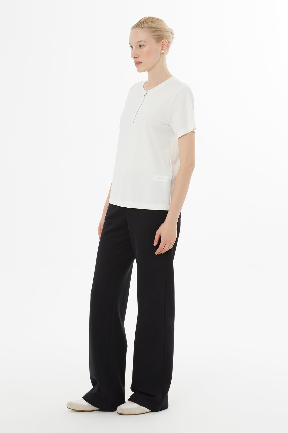 Ecru Front-Zipper T-Shirt