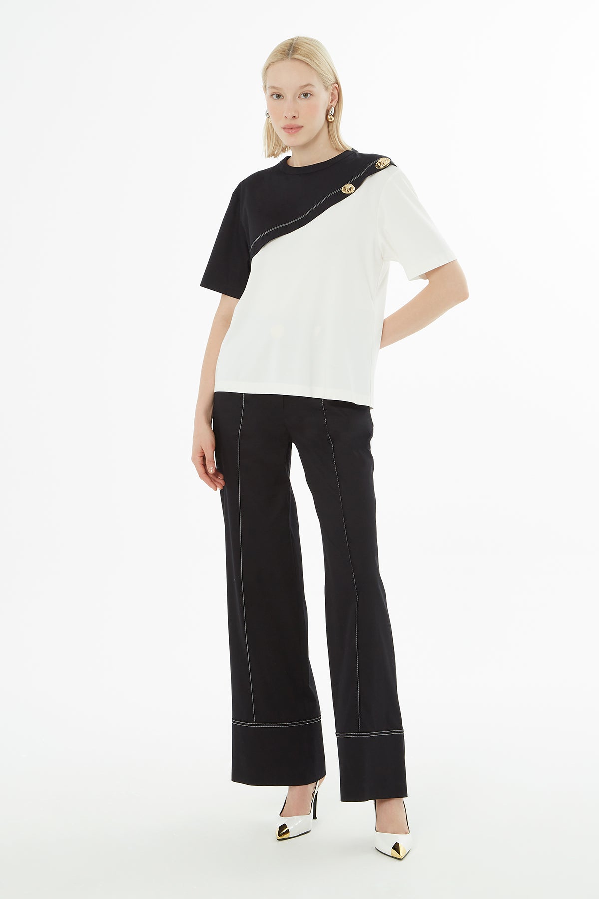 Ecru Asymmetrical Buttoned T-Shirt