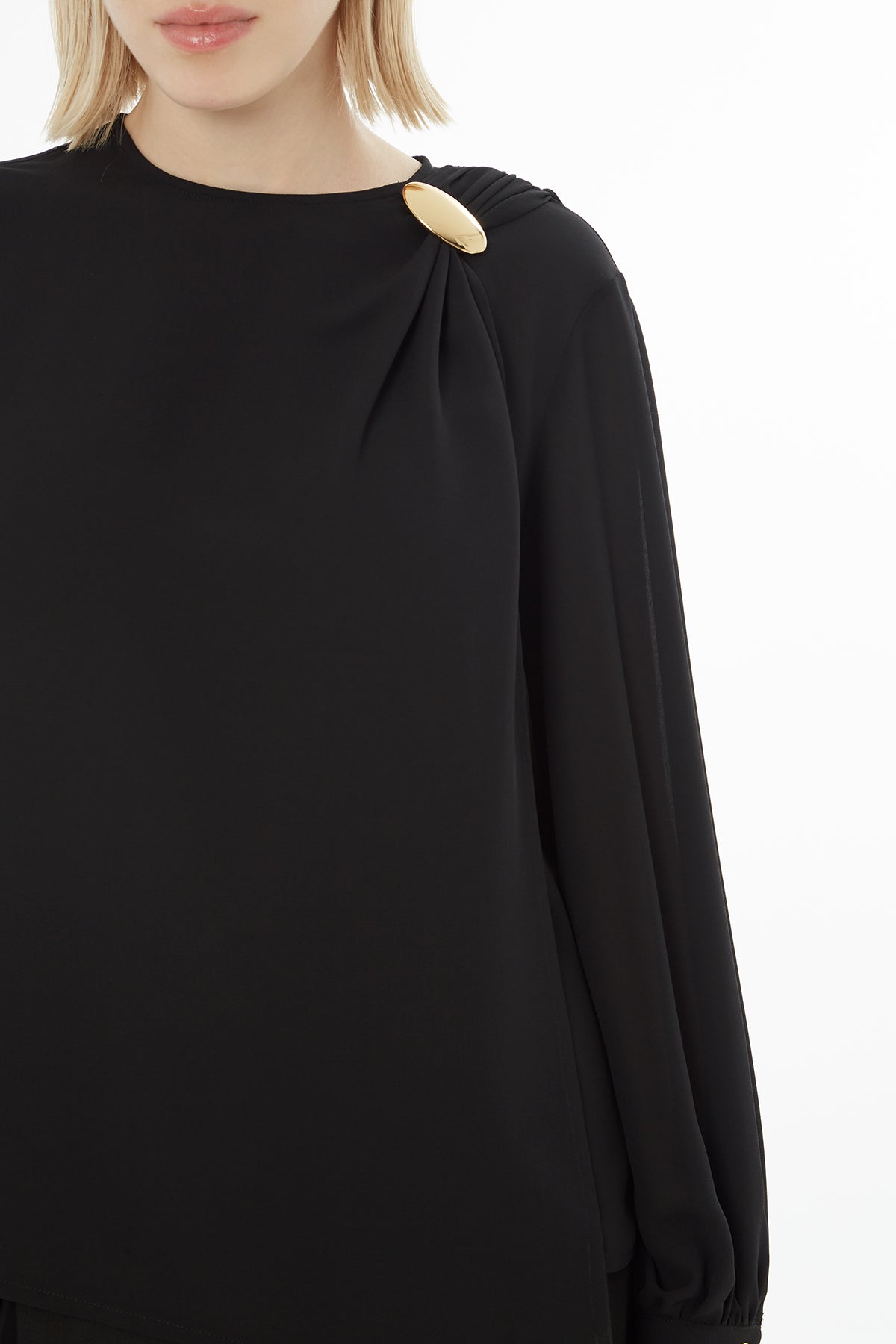 Black Pleated Blouse with Brooch Detail
