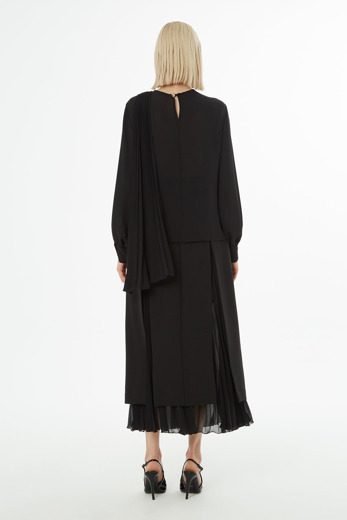 Black Pleated Blouse with Brooch Detail