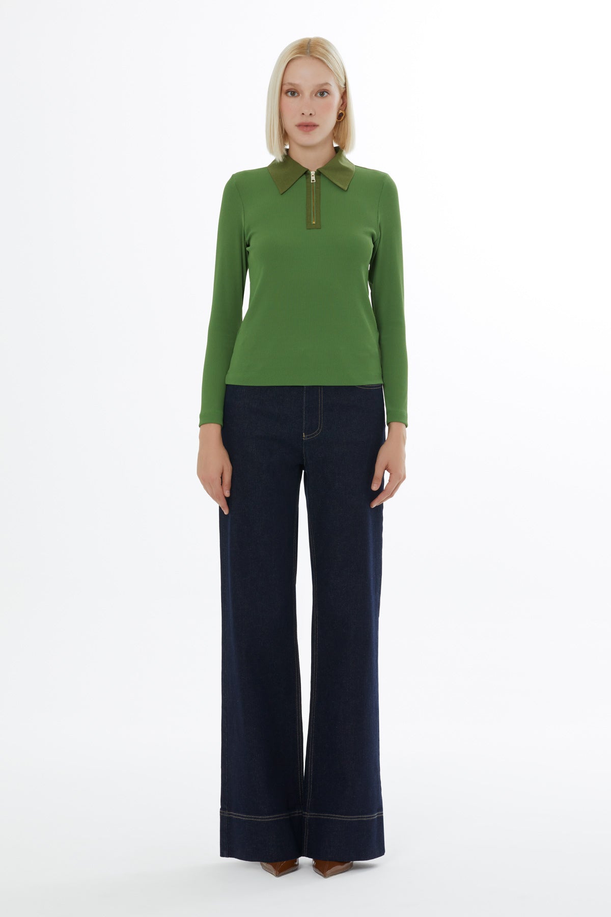 Green Metal-Front-Zipper Blouse