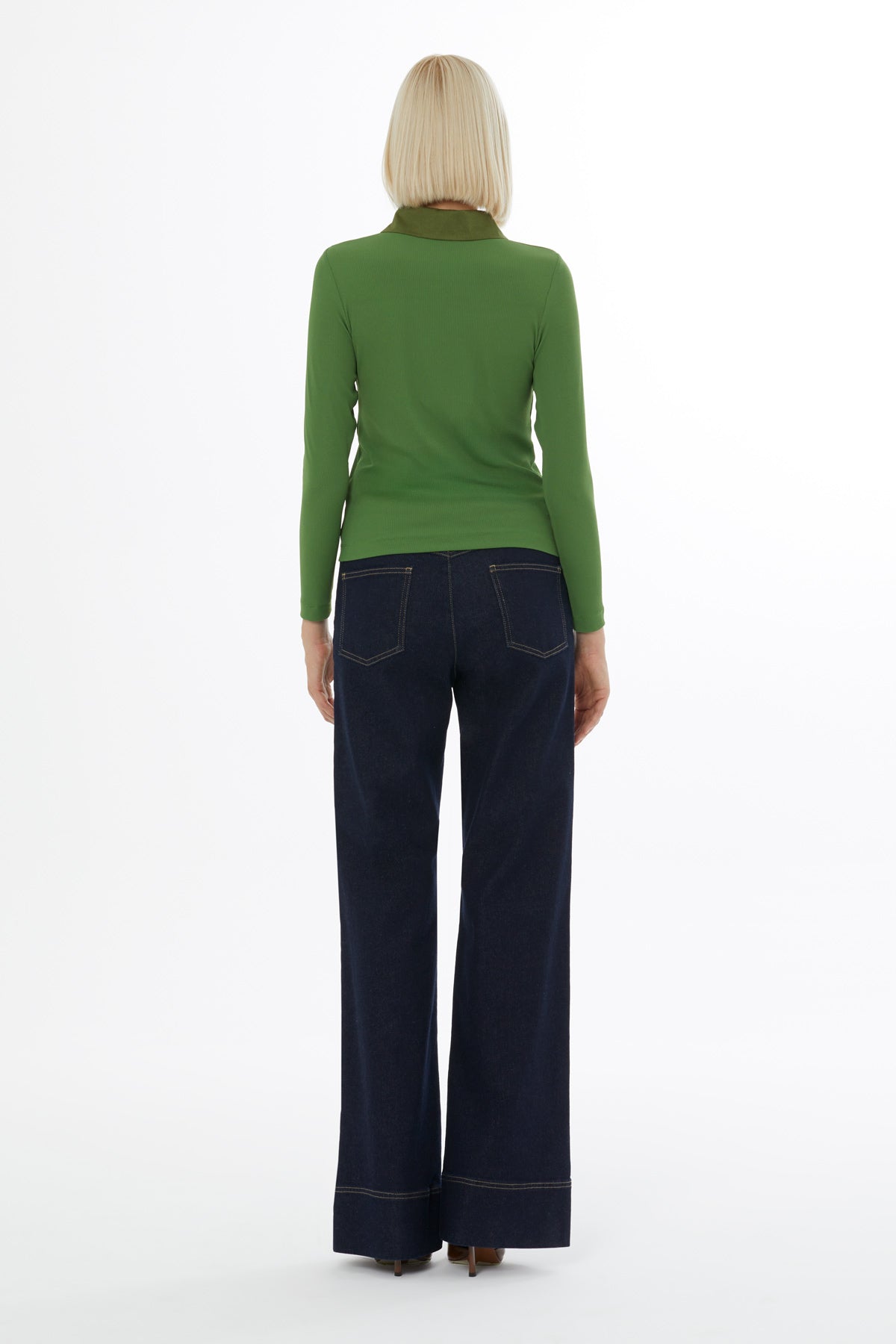 Green Metal-Front-Zipper Blouse