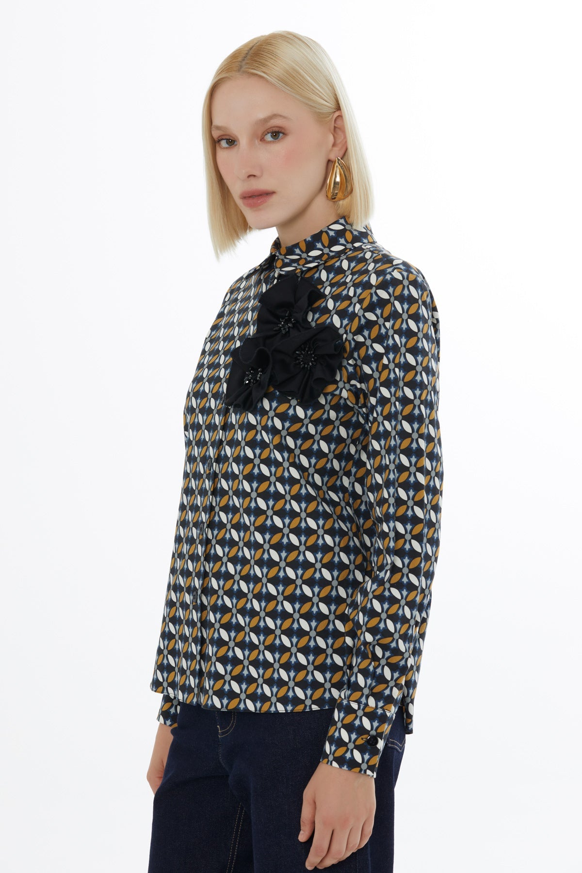 Brown Shirt with Patterned Floral Details