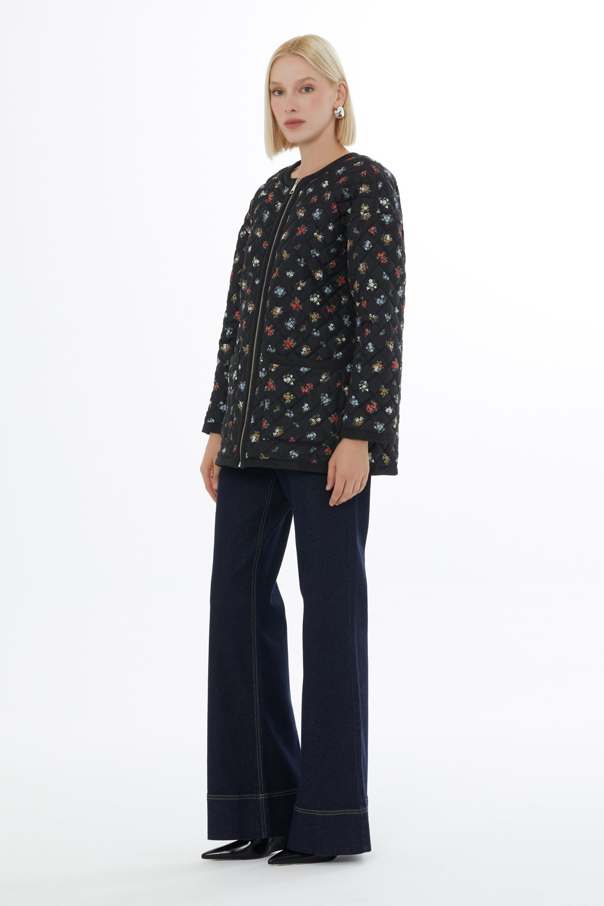 Black Quilted Coat with Floral Pattern