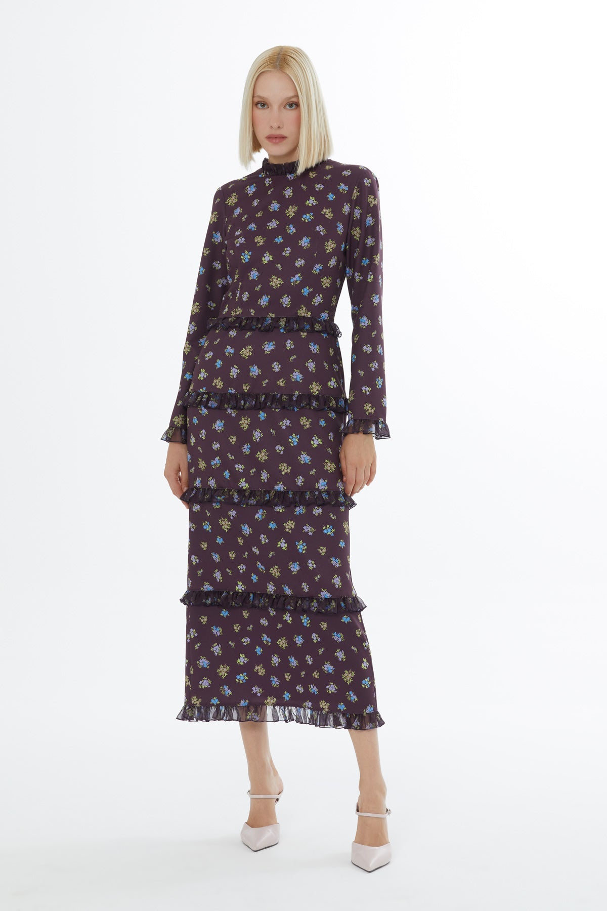 Purple Ruffled High Neck Maxi Dress