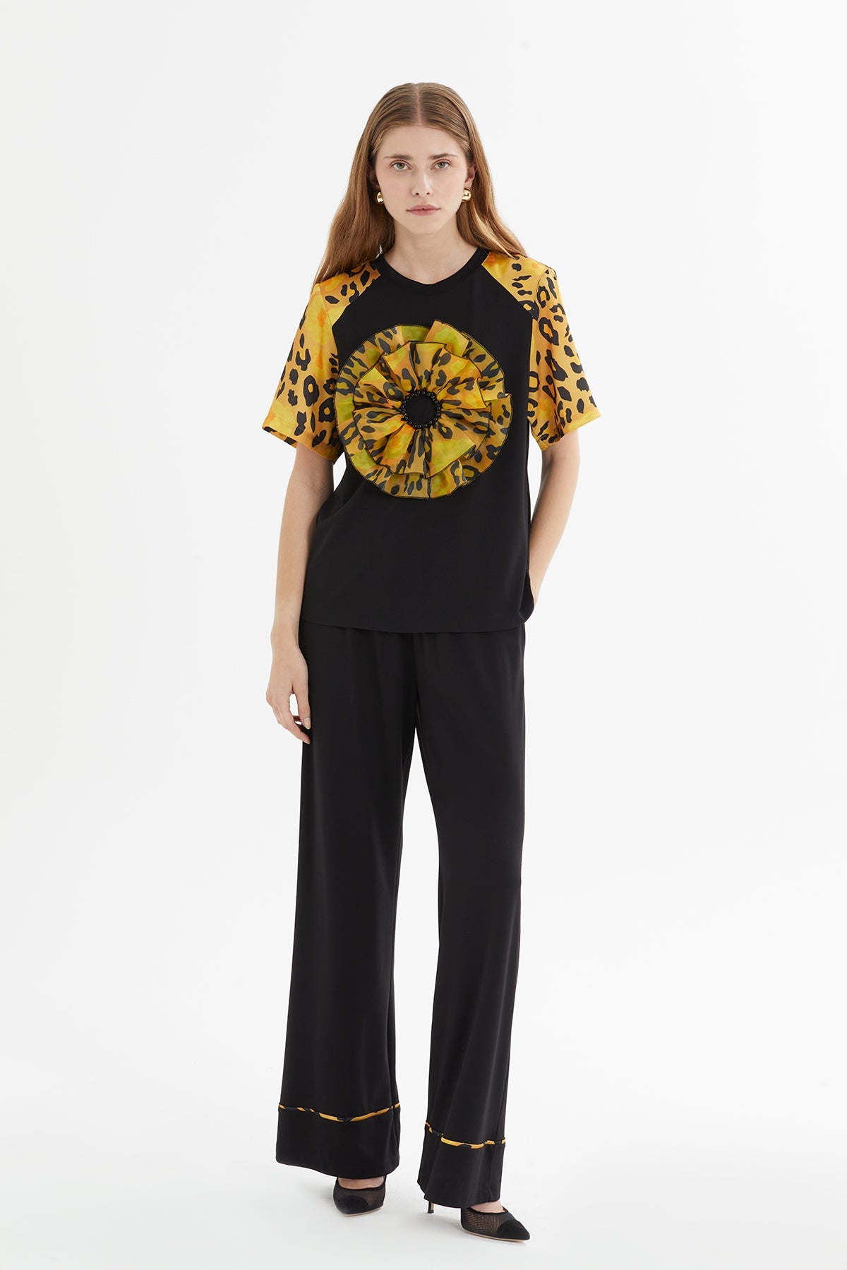 Black Patterned Ruffle-Detail Tracksuit