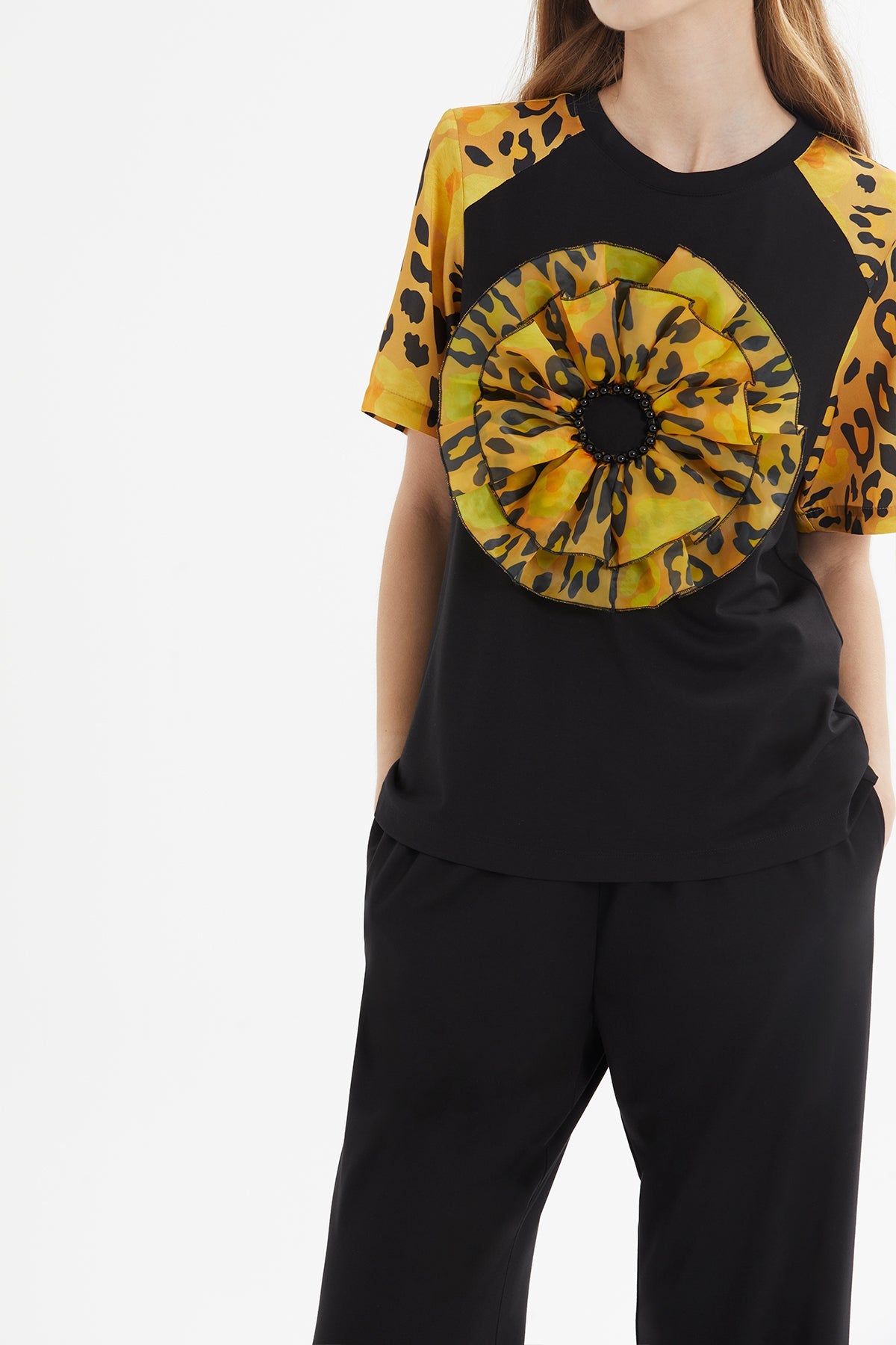 Black Patterned Ruffle-Detail Tracksuit