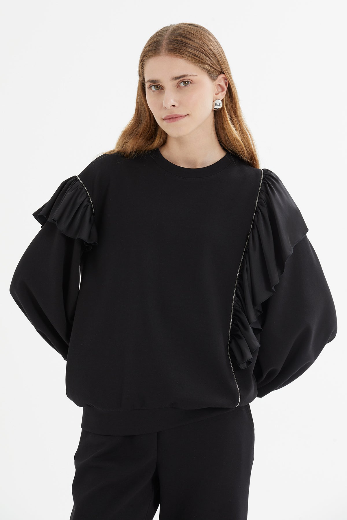 Ruffle Sleeve Detail Sweatshirt Pants Set