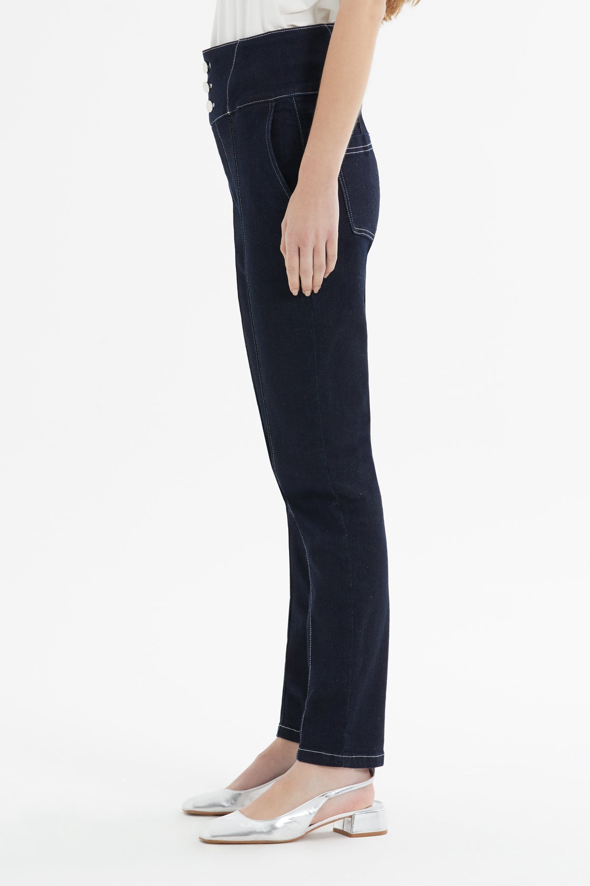 Double-Breasted Contrast-Stitch Denim Pants