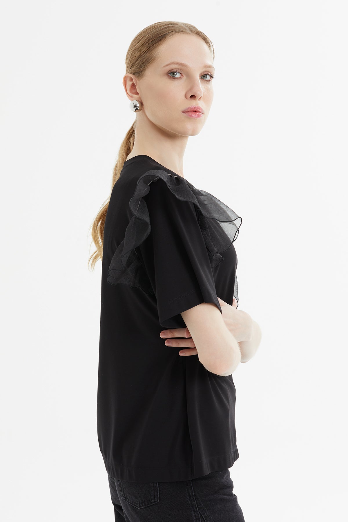 Black Tulle-Detail T-Shirt