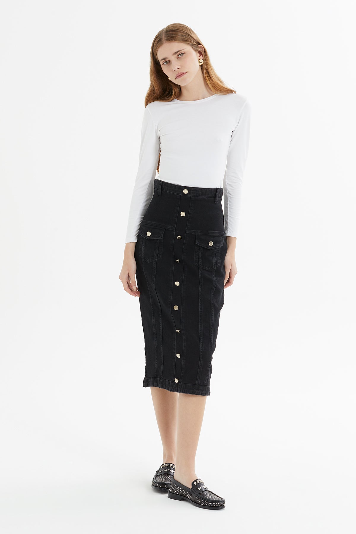 Black Button-Front Midi Denim Skirt