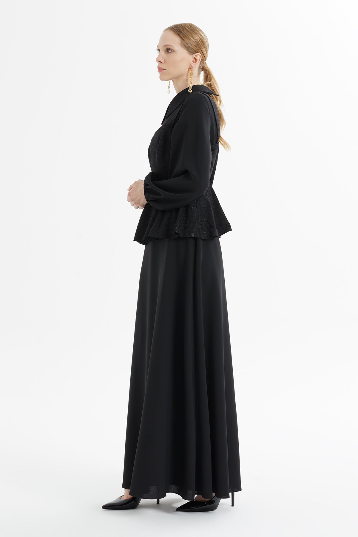 Black Lace-Detail Peplum Long Dress