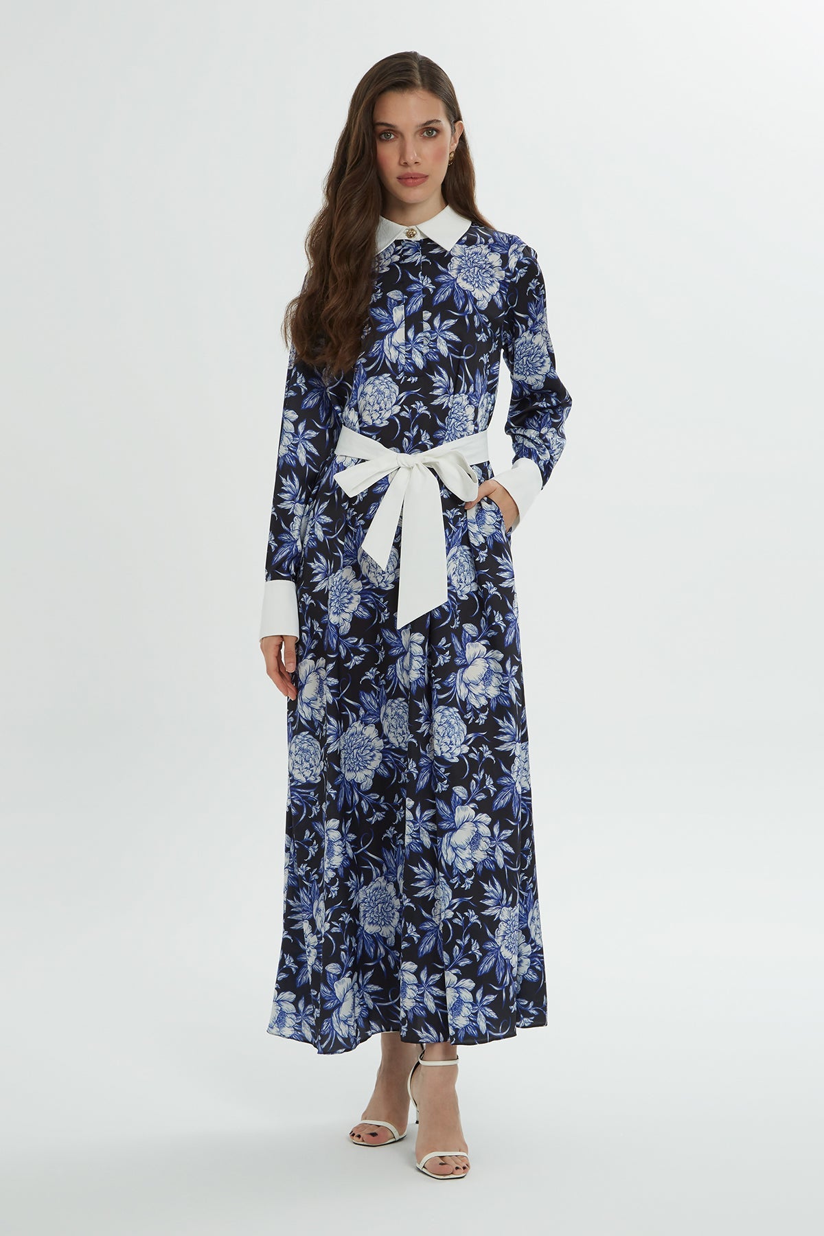 Printed Midi Dress with Shirt Collar