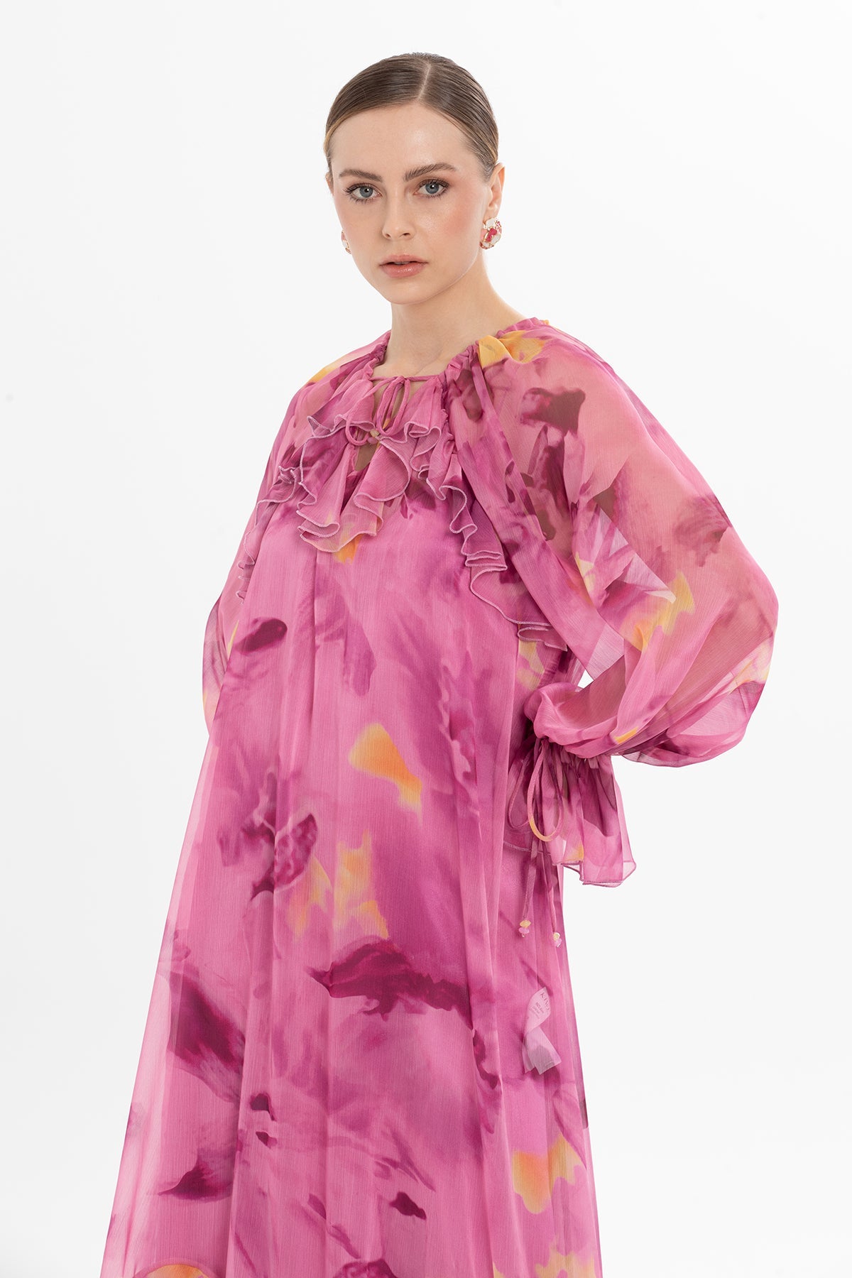 Printed Ruffled Chiffon Long Dress