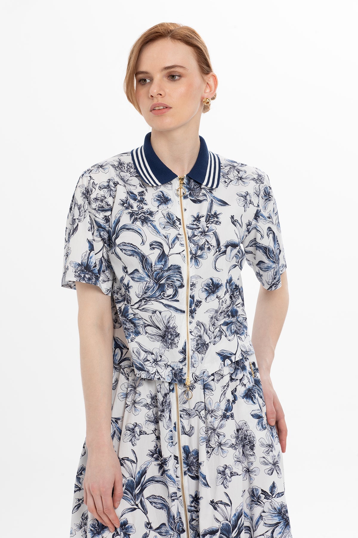 Blue Floral-Pattern Cotton Two-Piece Set