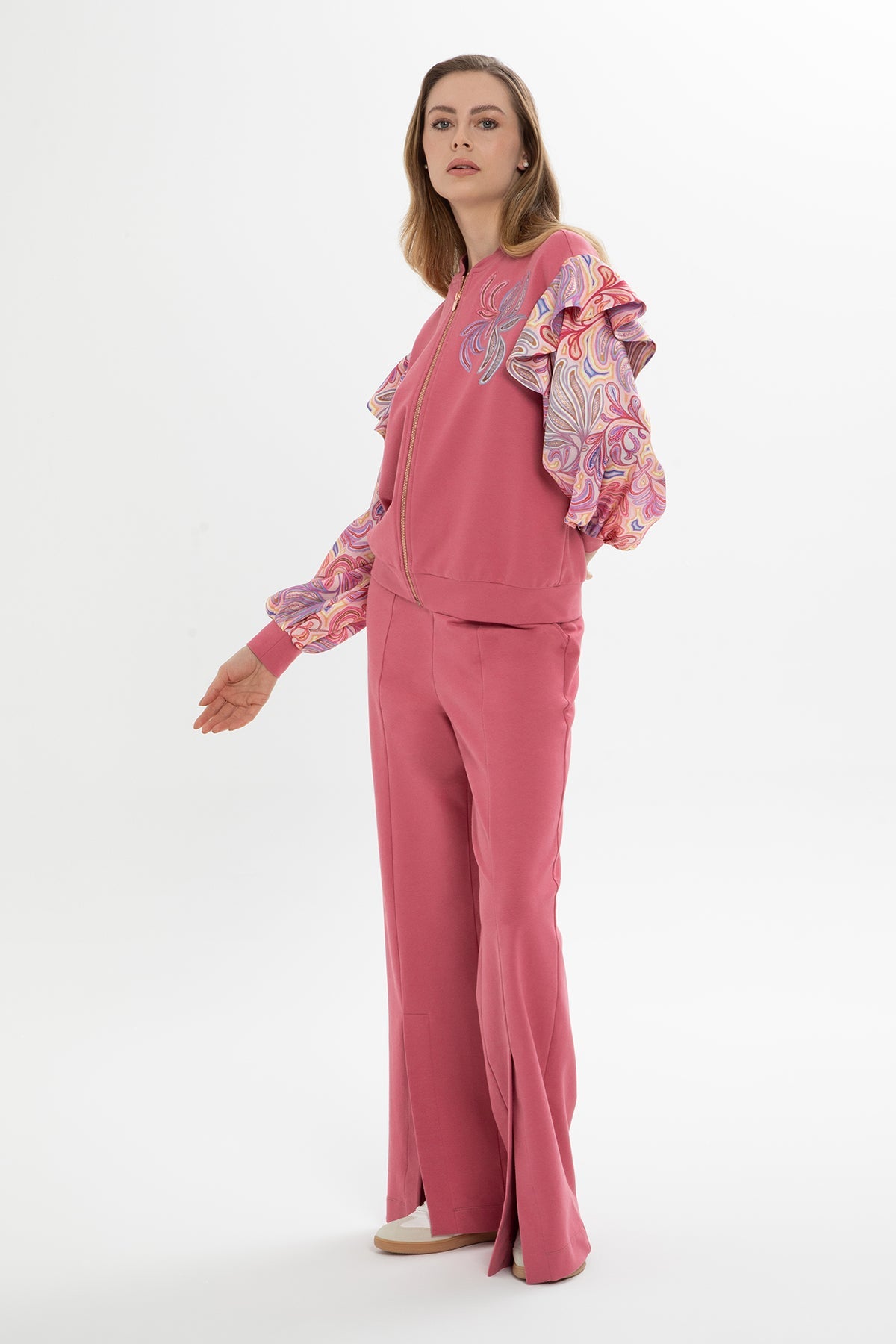 Pink Patterned-Sleeve Tracksuit