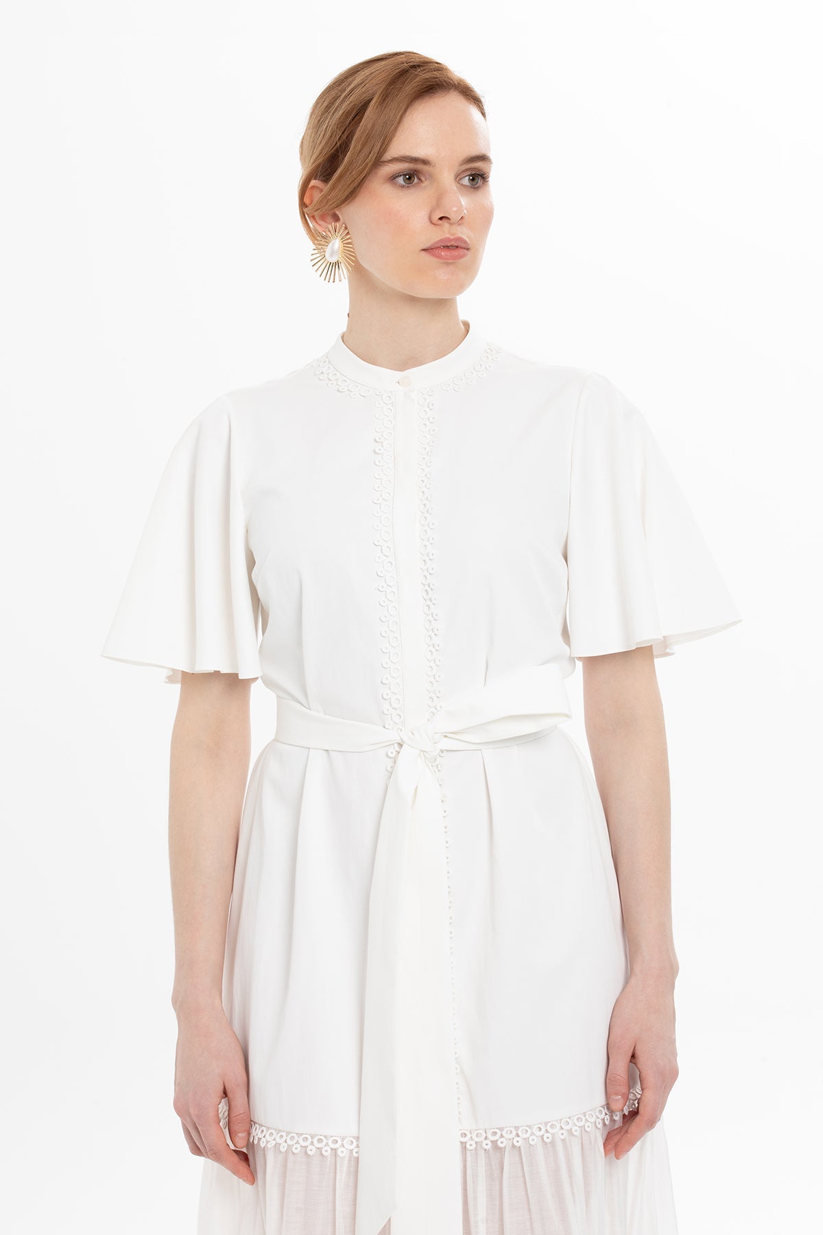 Ecru Midi Dress with Lace Details