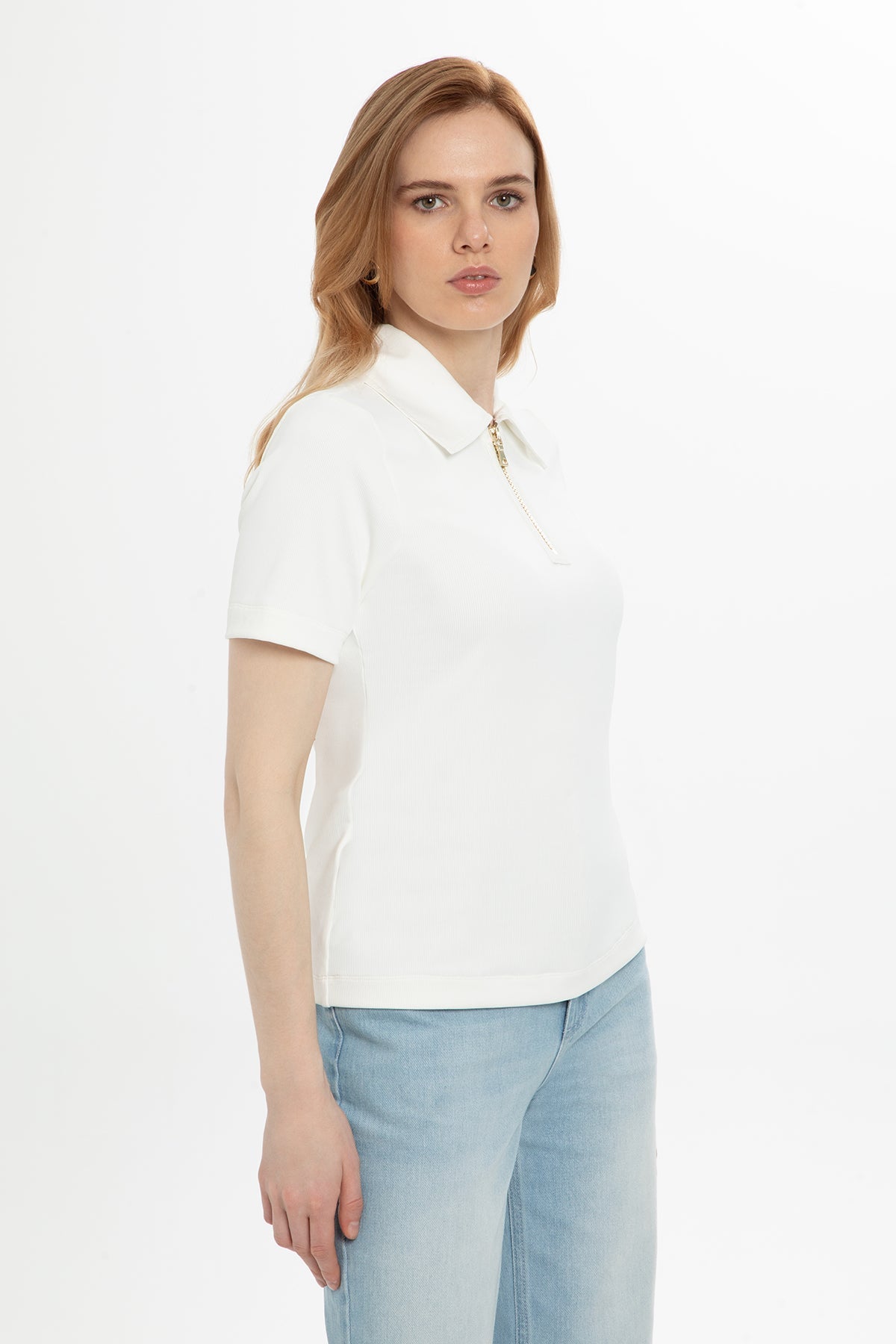 Half-Sleeve Blouse with Zipper Collar