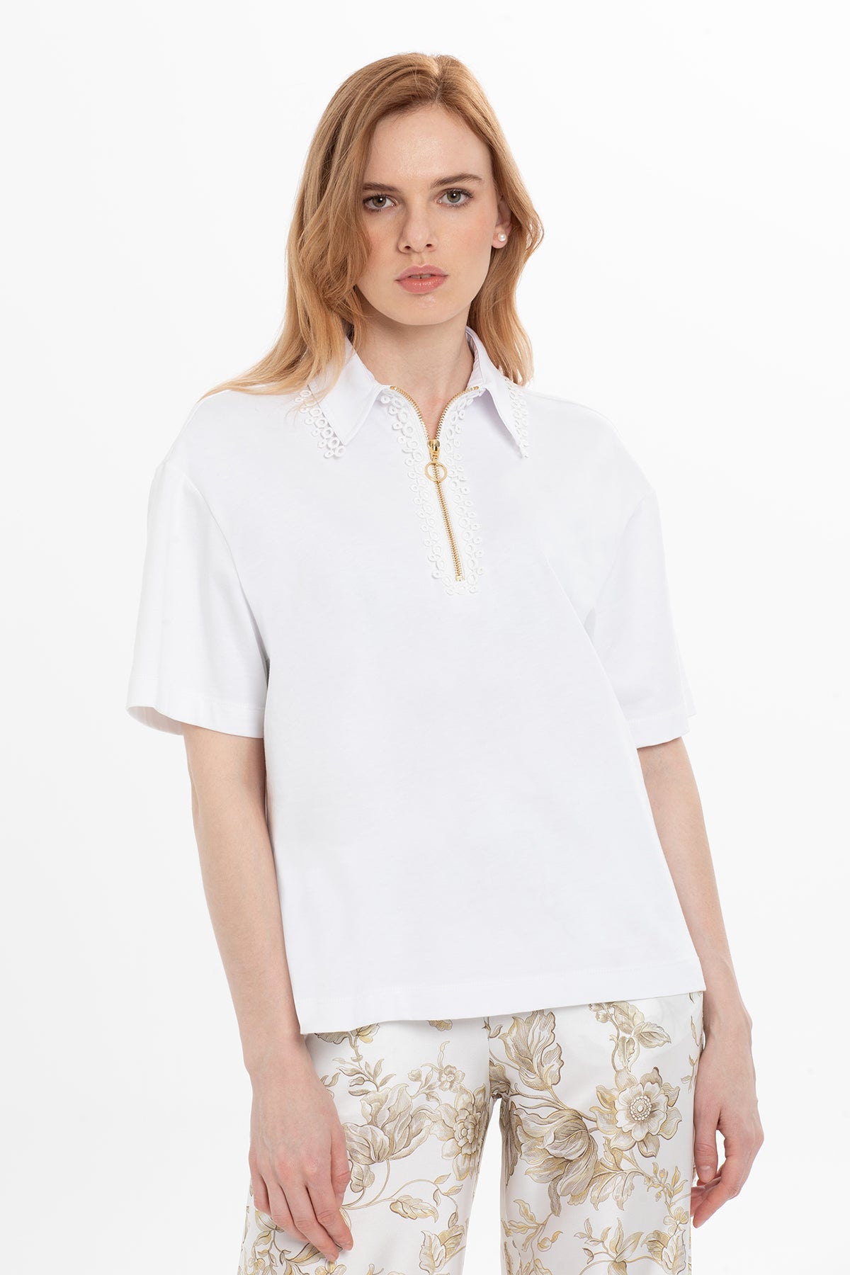 White T-Shirt with Zipper Detail