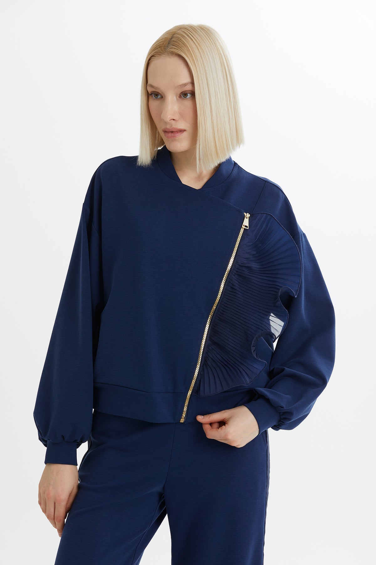 Zip-Closure Elastic Waist Sweatshirt Set