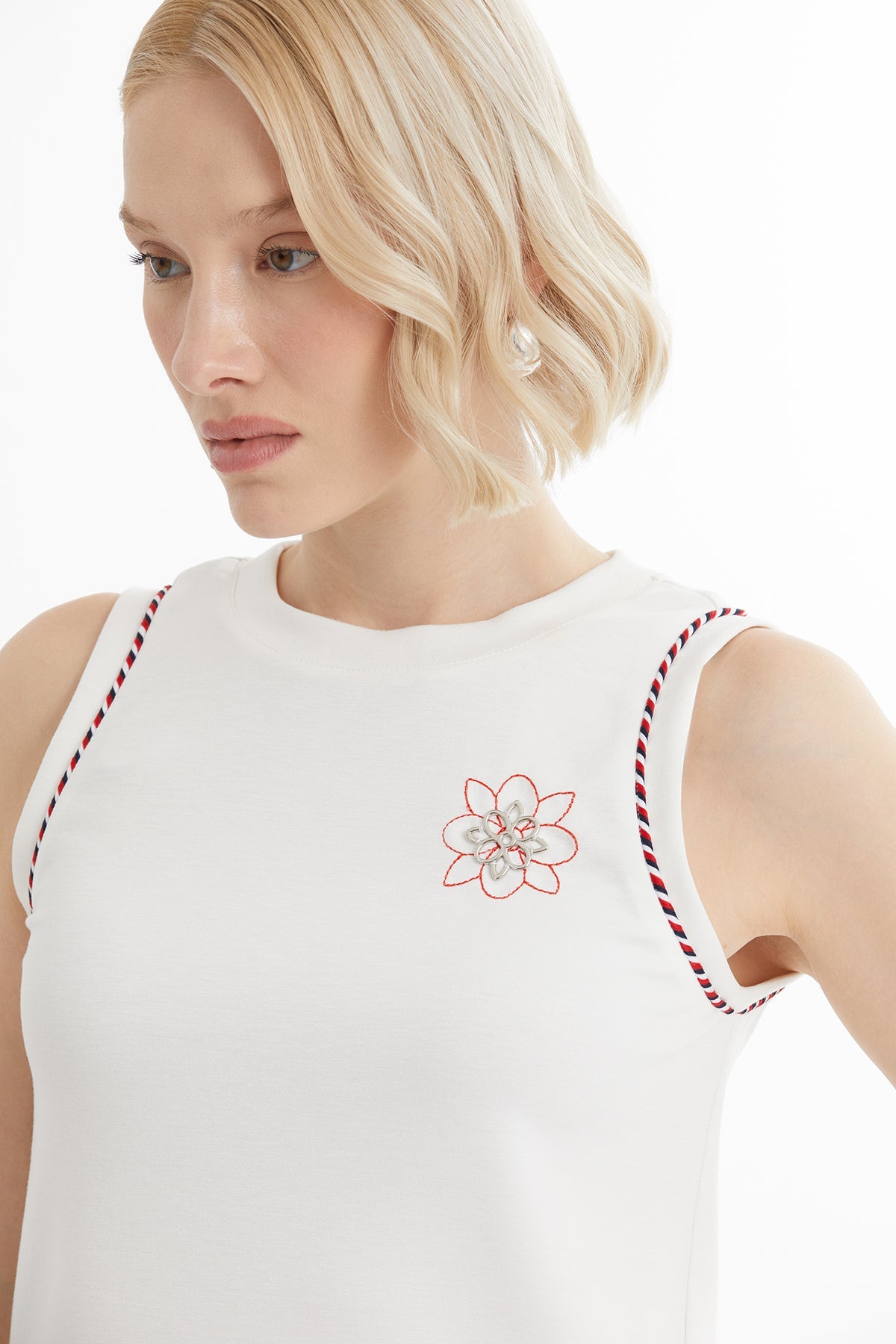 Blouse with Embroidery and Metal Accessory Details