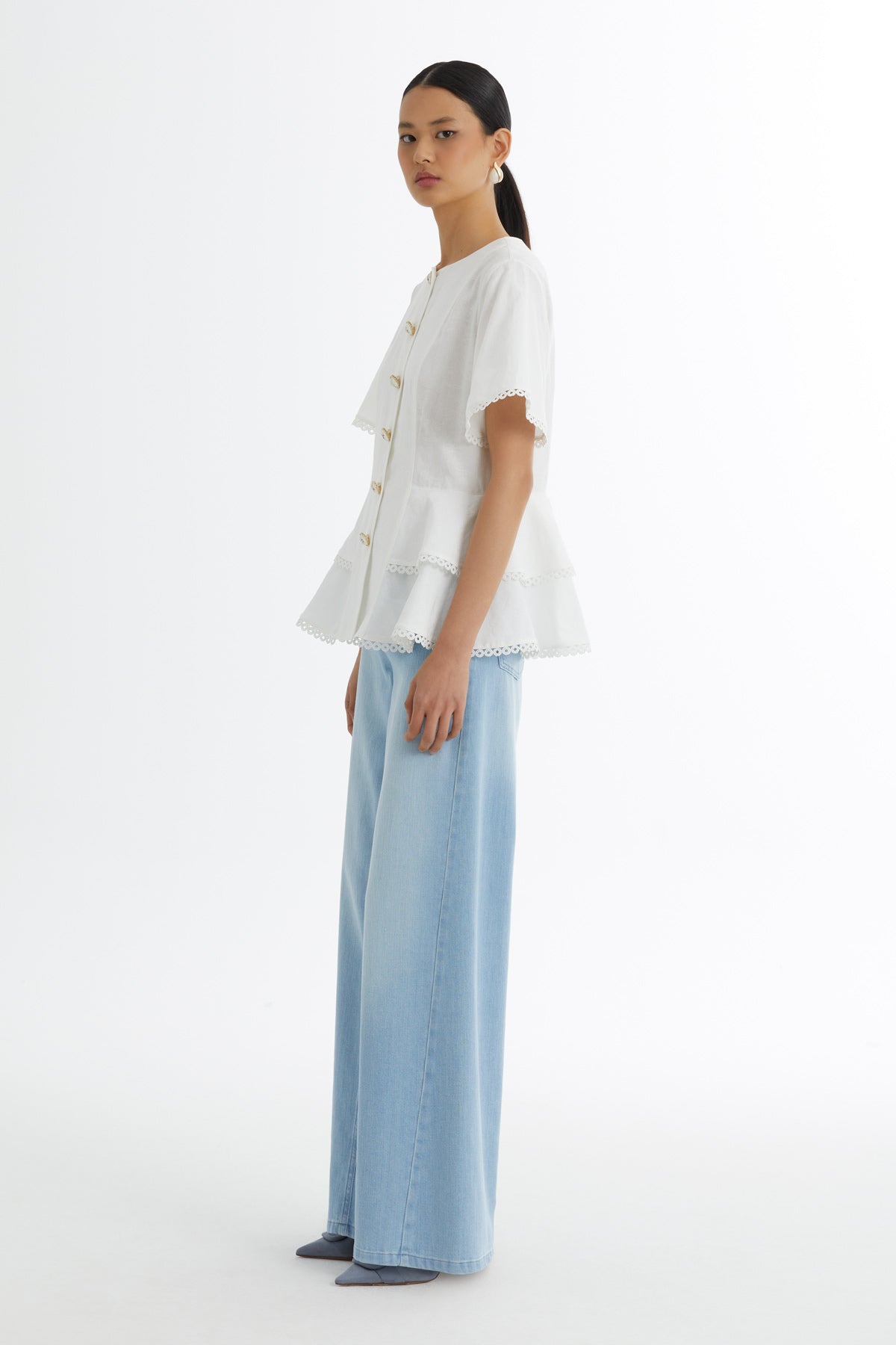 Flounce Button-Closure Blouse