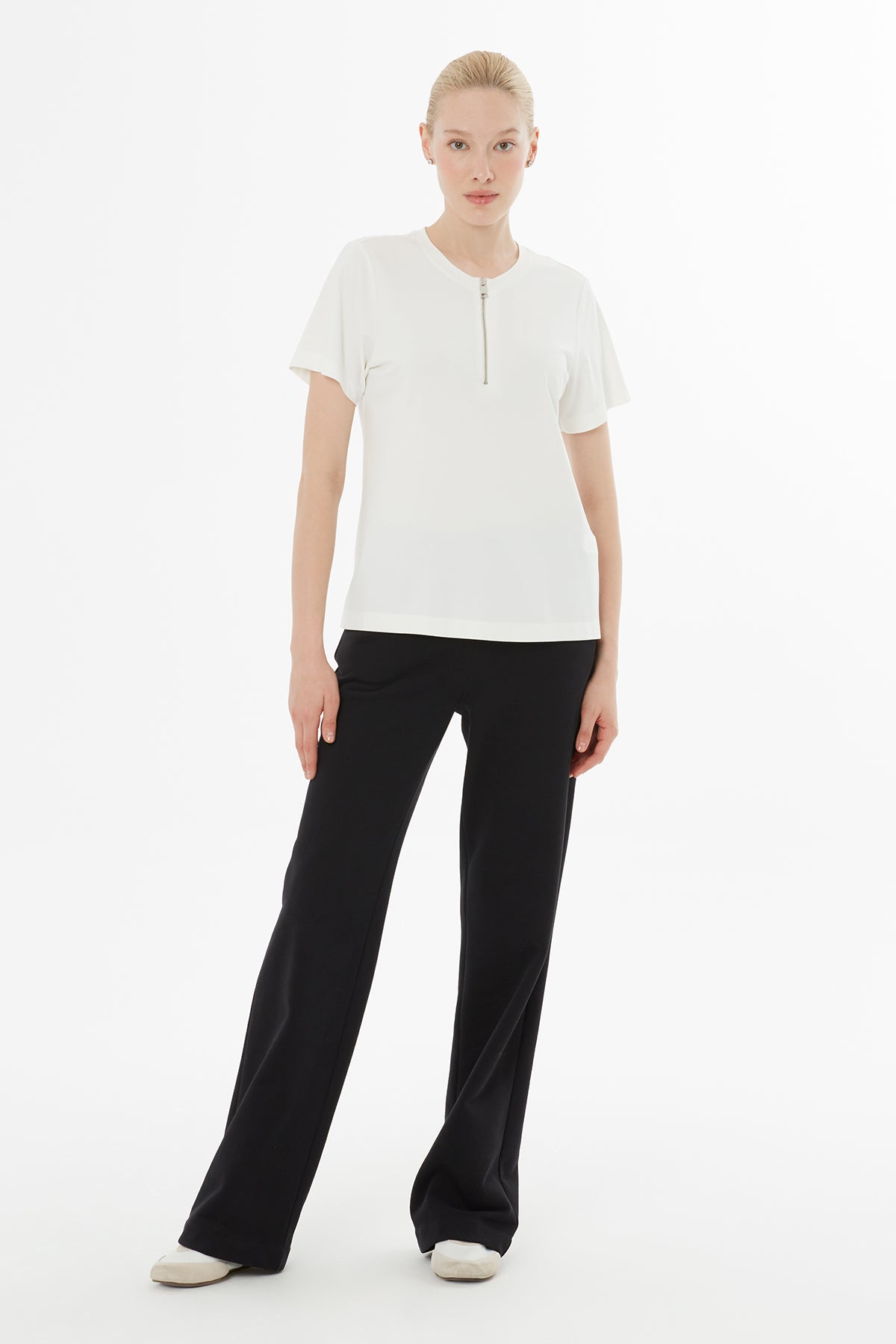 Ecru Front-Zipper T-Shirt