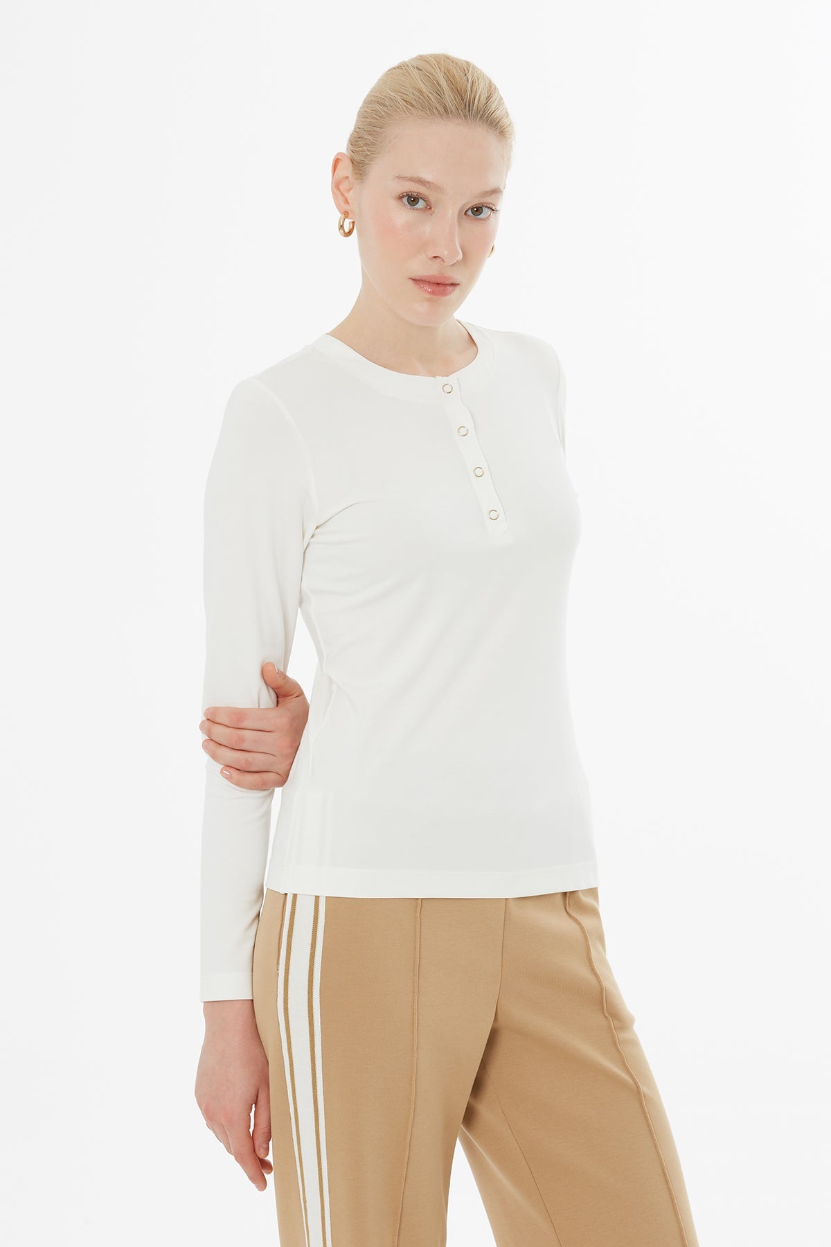 Ecru Front Snap-Button T-Shirt