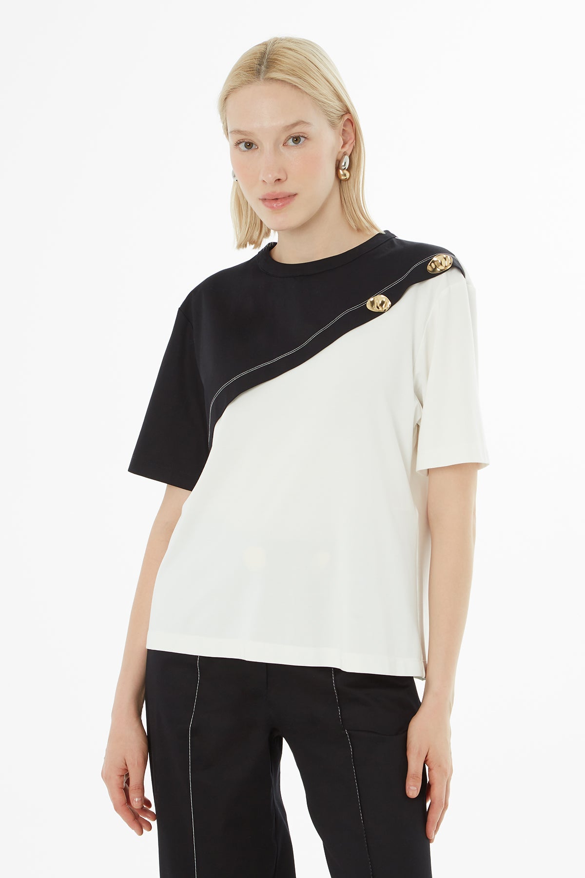 Ecru Asymmetrical Buttoned T-Shirt