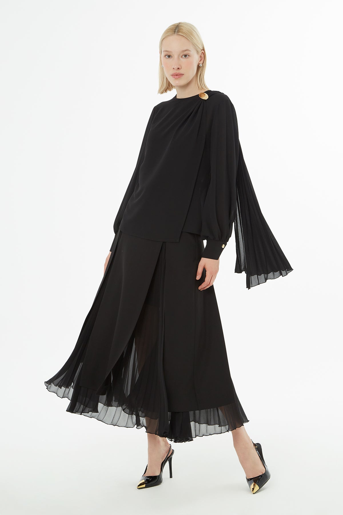 Black Pleated Blouse with Brooch Detail