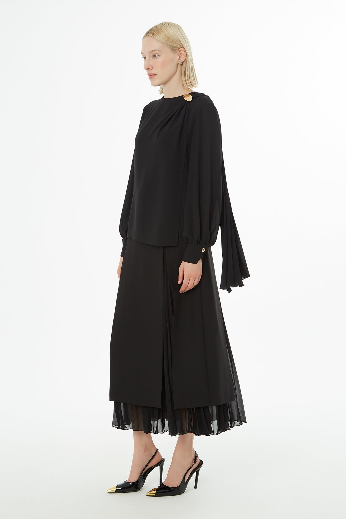 Black Pleated Blouse with Brooch Detail