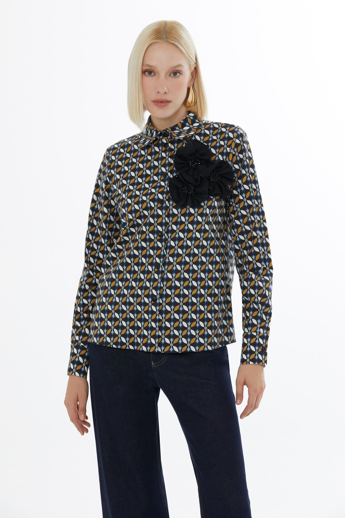 Brown Shirt with Patterned Floral Details
