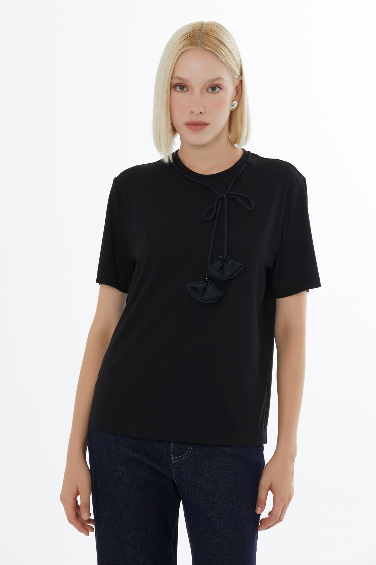Black Minimalist T-Shirt with Accessory Details
