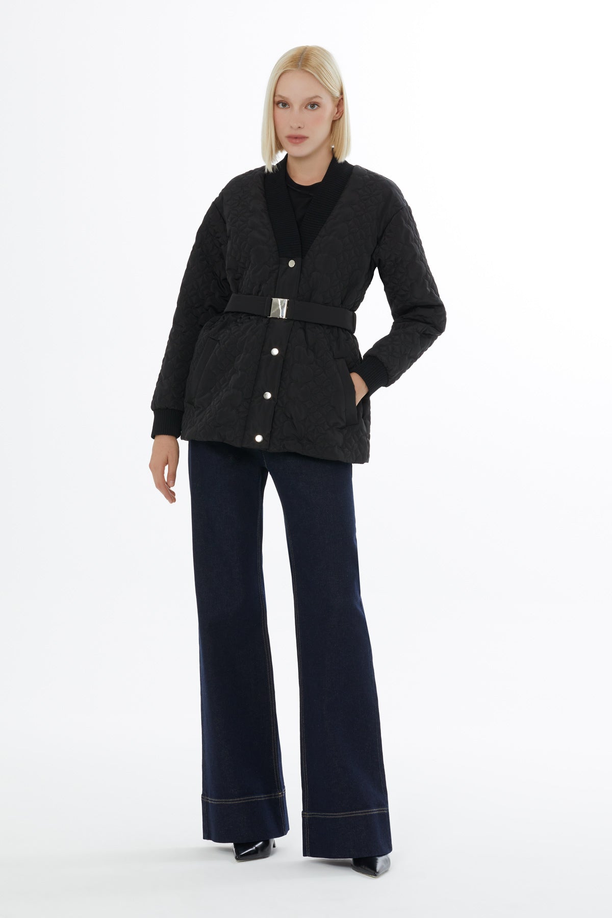 Black Quilted Jacket with Belt