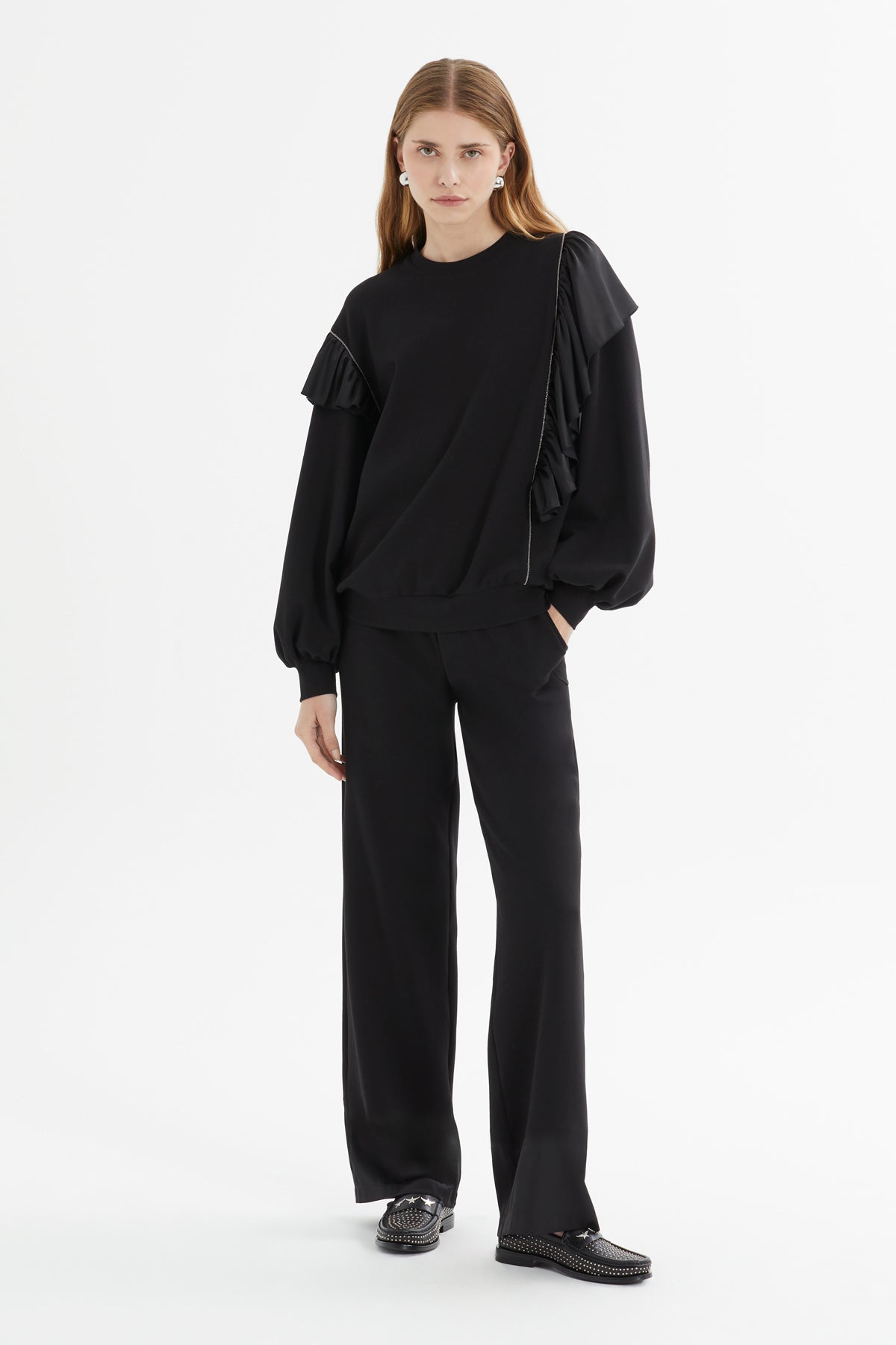 Ruffle Sleeve Detail  Sweatshirt  Pants Set