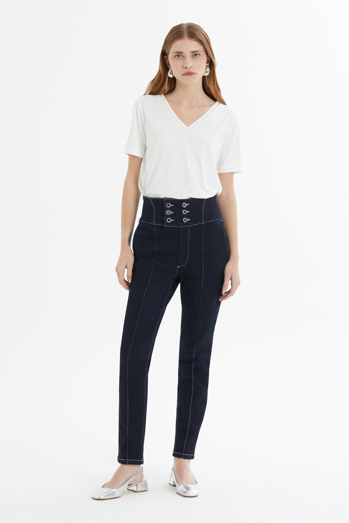 Double-Breasted Contrast-Stitch Denim Pants