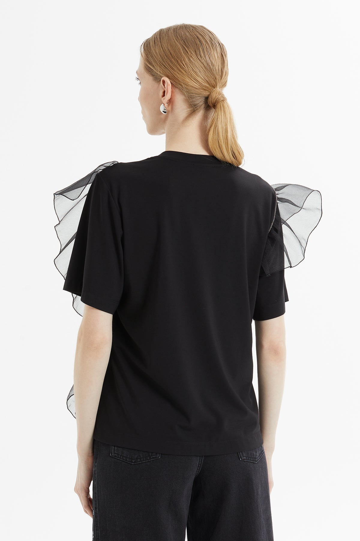 Black Tulle-Detail T-Shirt