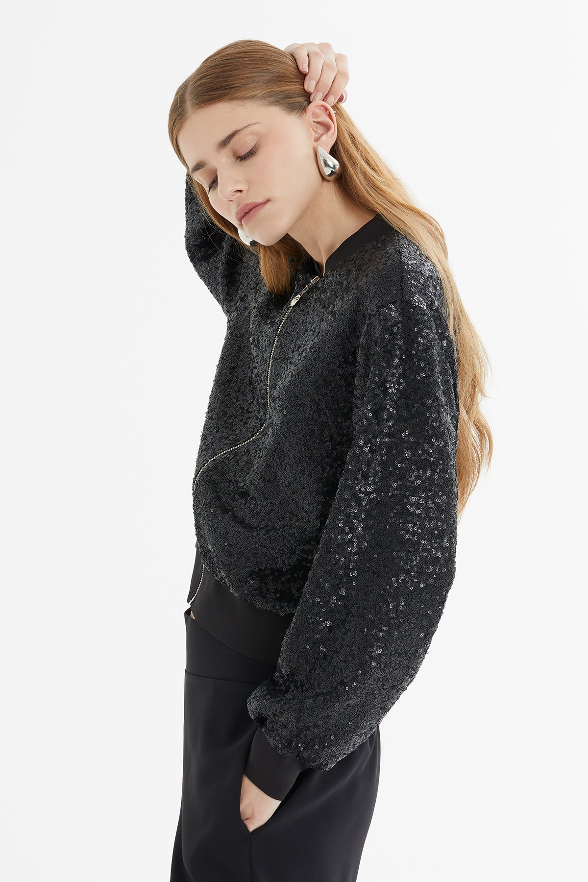 Sequin Zip-Front Bomber Jacket