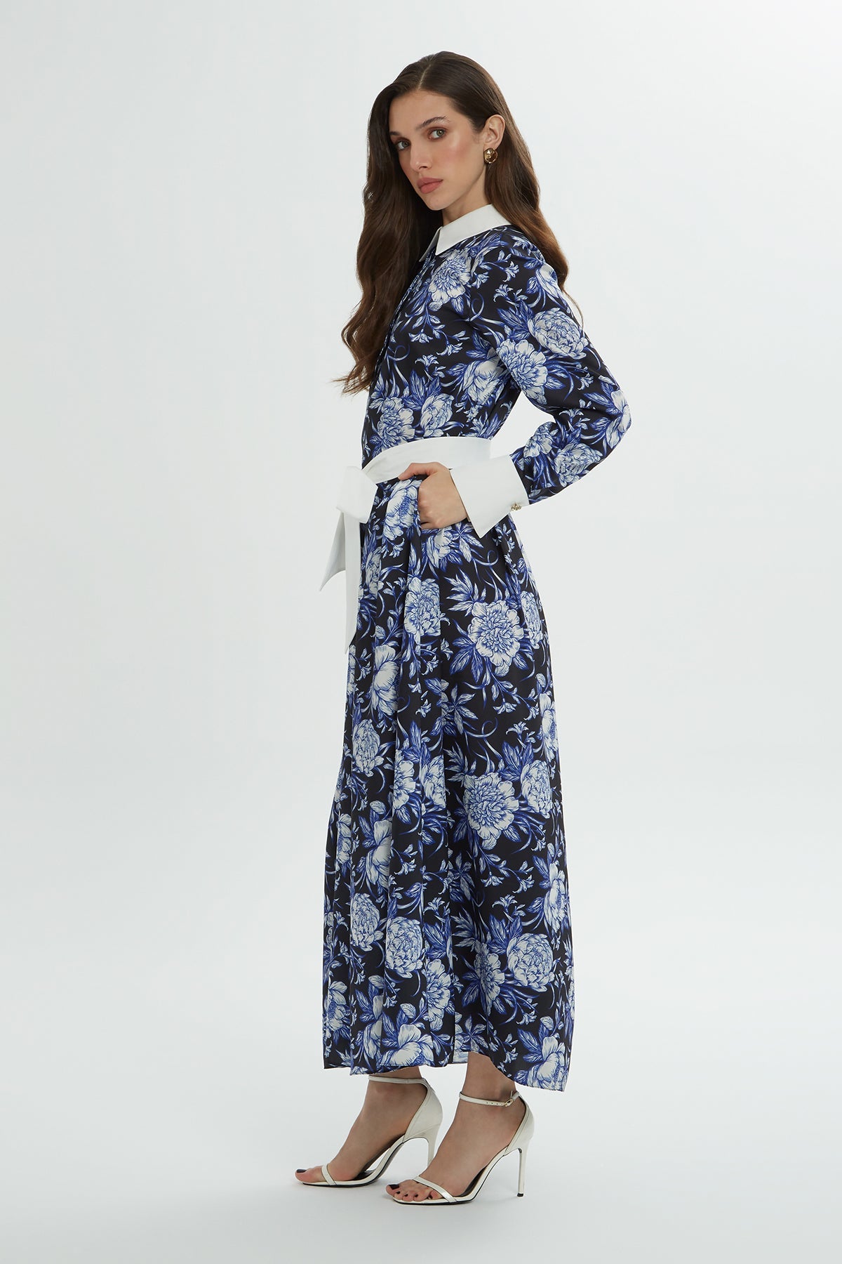 Printed Midi Dress with Shirt Collar