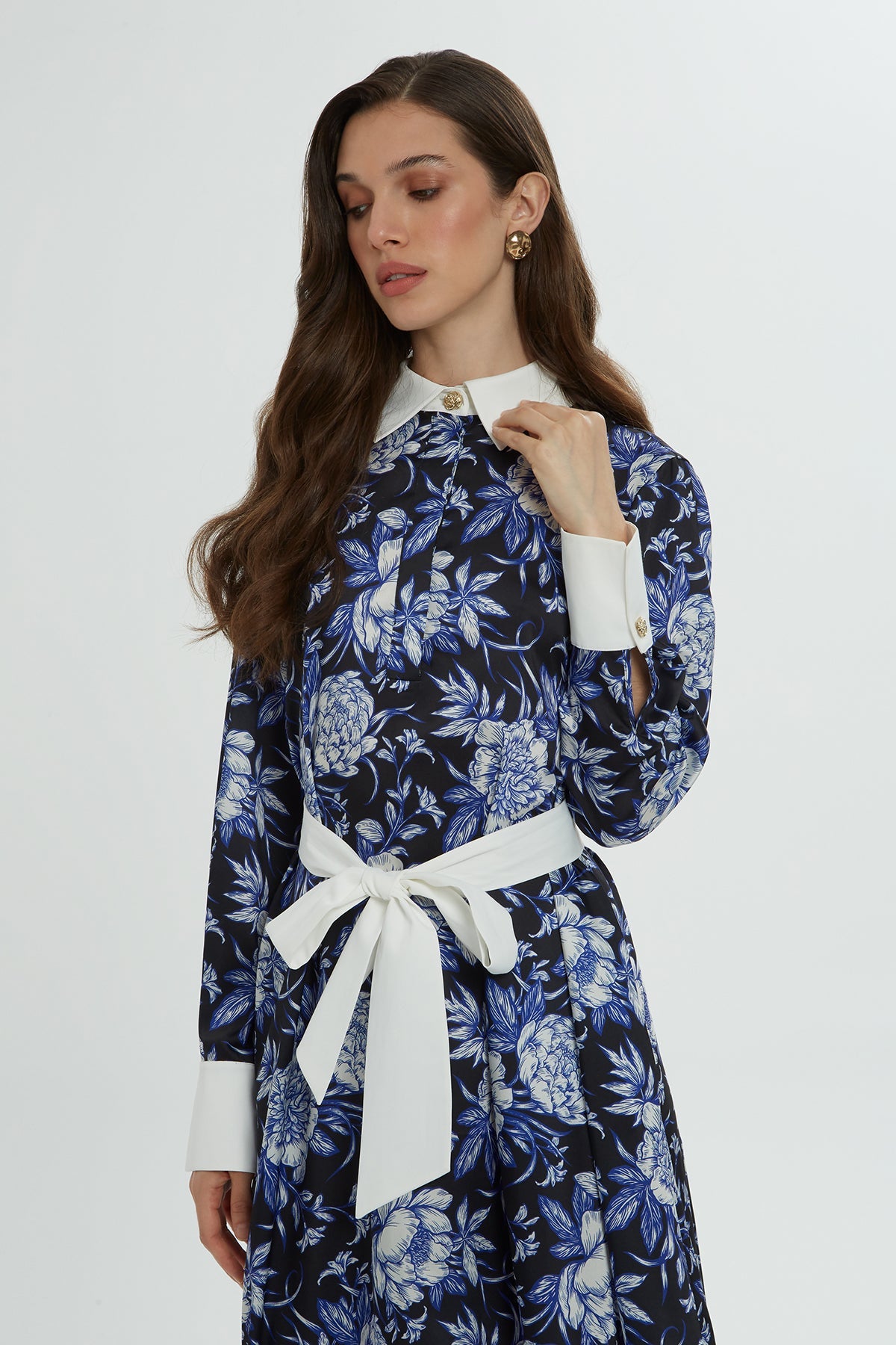 Printed Midi Dress with Shirt Collar