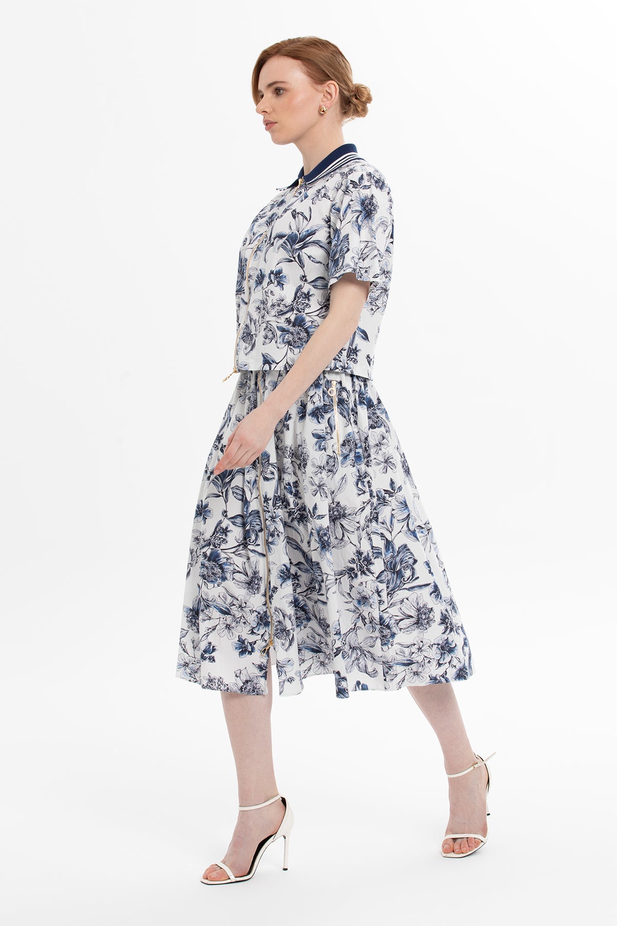 Blue Floral-Pattern Cotton Two-Piece Set