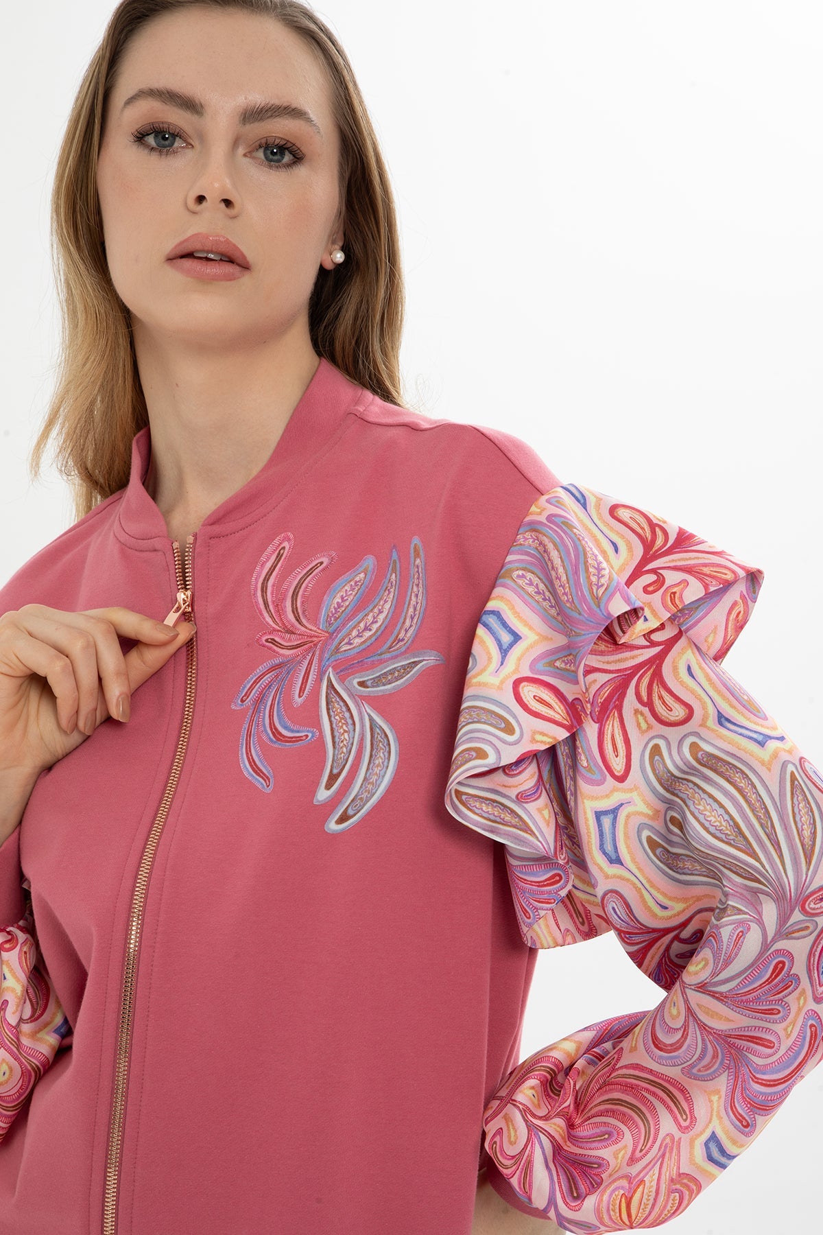 Pink Patterned-Sleeve Tracksuit