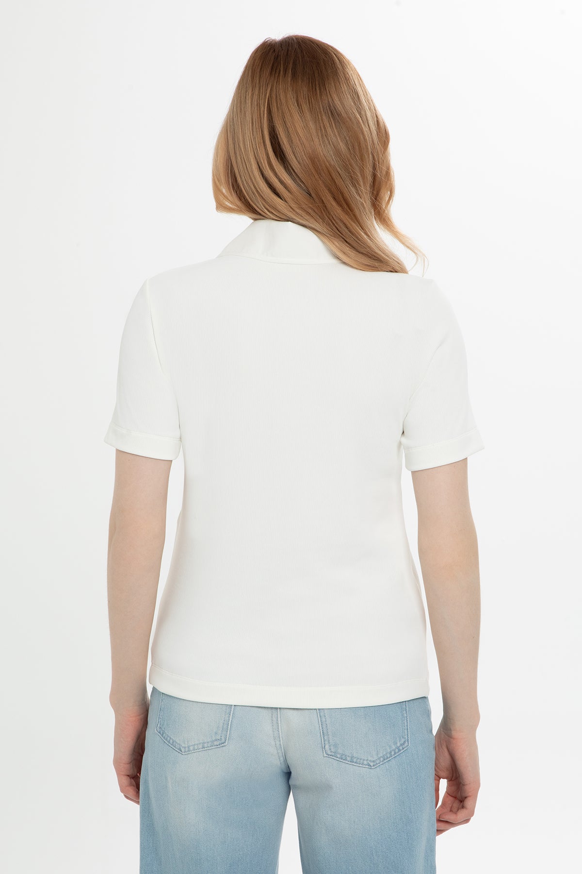 Half-Sleeve Blouse with Zipper Collar