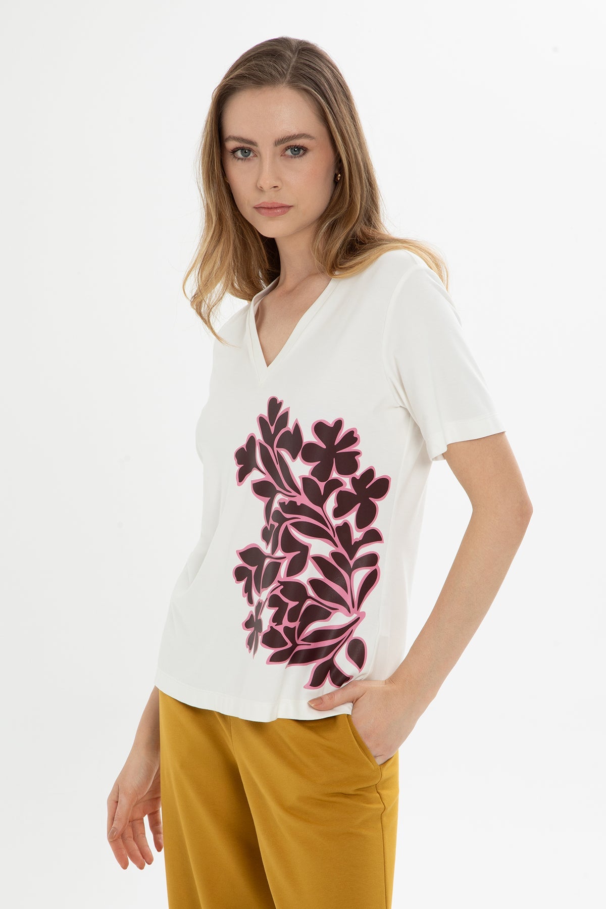 Ecru Floral-Print T-Shirt