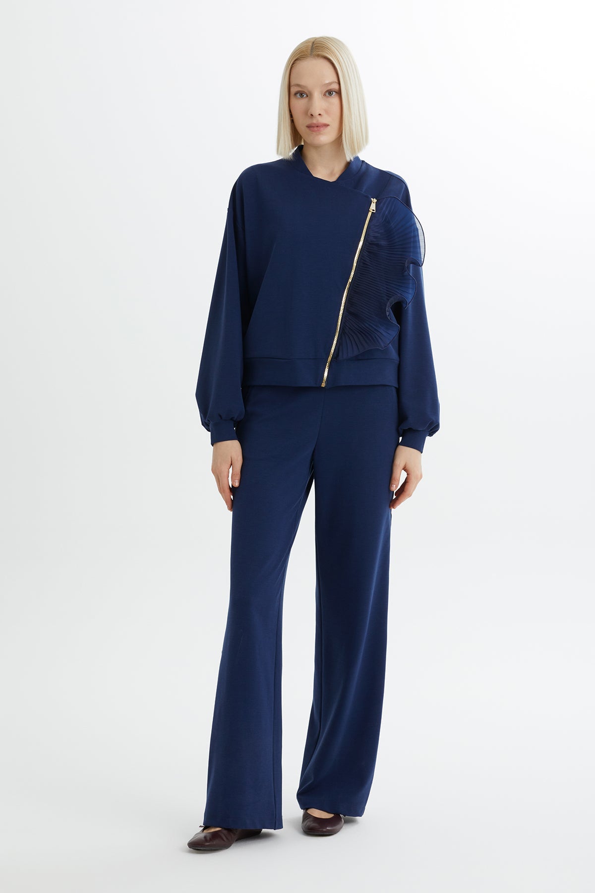 Zip-Closure Elastic Waist Sweatshirt Set