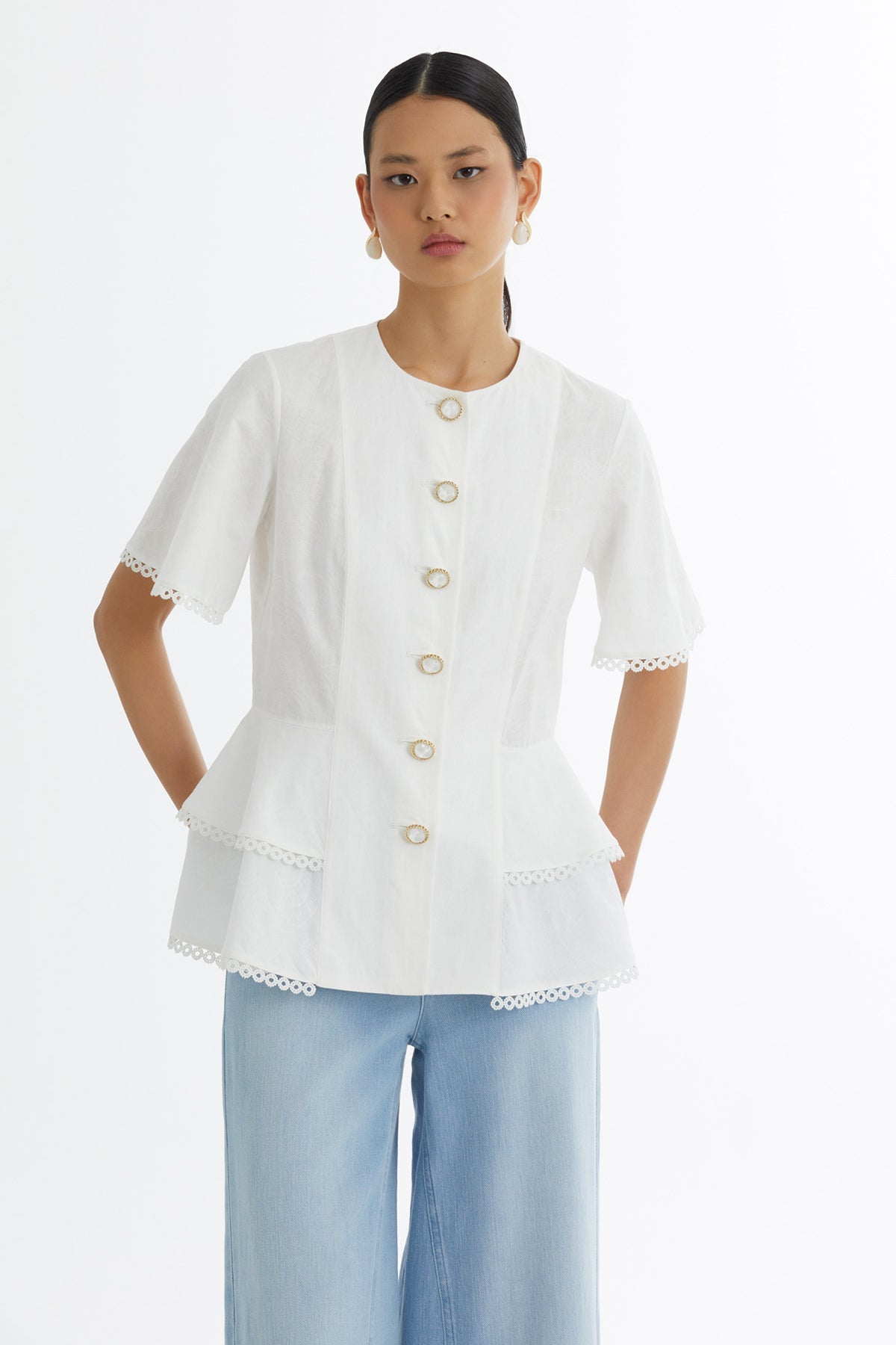 Flounce Button-Closure Blouse